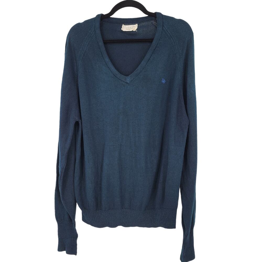 Christian Dior Vintage Pullover Long Sleeve Teal V-Neck Acrylic Sweater Size XL